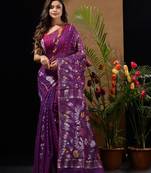 Violet Silk Cotton Handwoven Jamdani Saree With Multicolour Floral Designs And Motifs Without Blouse