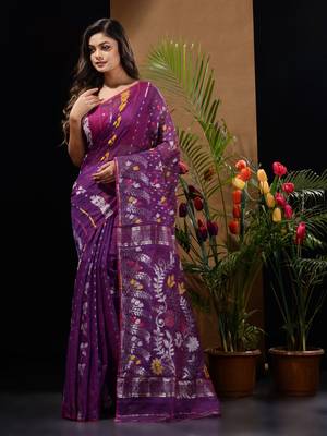 Violet Silk Cotton Handwoven Jamdani Saree With Multicolour Floral Designs And Motifs Without Blouse 2