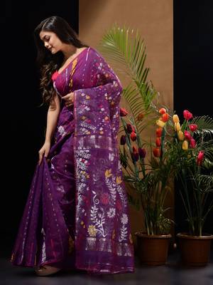 Violet Silk Cotton Handwoven Jamdani Saree With Multicolour Floral Designs And Motifs Without Blouse 3