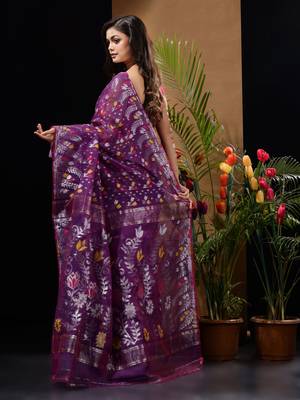 Violet Silk Cotton Handwoven Jamdani Saree With Multicolour Floral Designs And Motifs Without Blouse 4