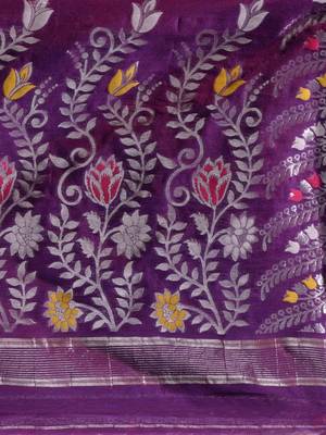 Violet Silk Cotton Handwoven Jamdani Saree With Multicolour Floral Designs And Motifs Without Blouse 5