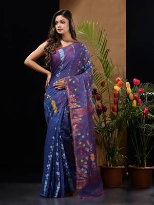 Blue Silk Cotton Handwoven Jamdani Saree With Multicolour Floral Designs And Motifs Without Blouse 1