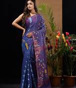 Blue Silk Cotton Handwoven Jamdani Saree With Multicolour Floral Designs And Motifs Without Blouse