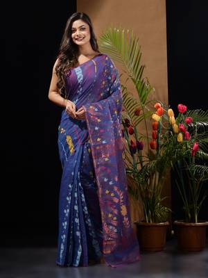 Blue Silk Cotton Handwoven Jamdani Saree With Multicolour Floral Designs And Motifs Without Blouse 2