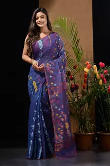 Blue Silk Cotton Handwoven Jamdani Saree With Multicolour Floral Designs And Motifs Without Blouse