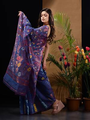Blue Silk Cotton Handwoven Jamdani Saree With Multicolour Floral Designs And Motifs Without Blouse 3