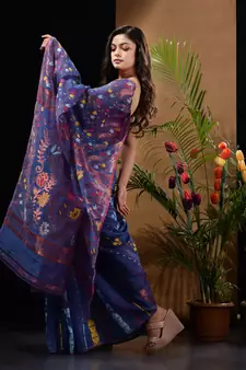 Blue Silk Cotton Handwoven Jamdani Saree With Multicolour Floral Designs And Motifs Without Blouse