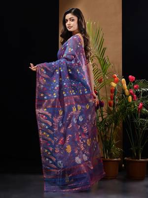 Blue Silk Cotton Handwoven Jamdani Saree With Multicolour Floral Designs And Motifs Without Blouse 4