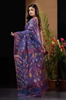 Blue Silk Cotton Handwoven Jamdani Saree With Multicolour Floral Designs And Motifs Without Blouse