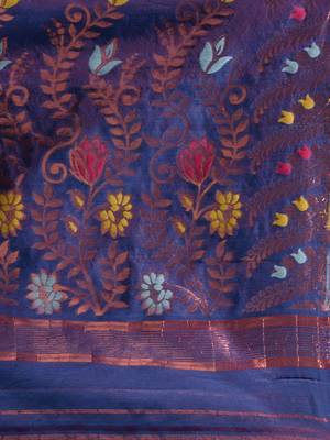 Blue Silk Cotton Handwoven Jamdani Saree With Multicolour Floral Designs And Motifs Without Blouse 5