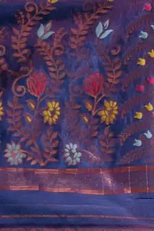 Blue Silk Cotton Handwoven Jamdani Saree With Multicolour Floral Designs And Motifs Without Blouse