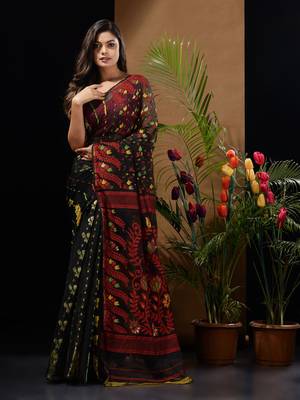Black cotton Jamdani Saree With Multicolour Floral Designs Without Blouse 1