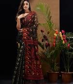 Black cotton Jamdani Saree With Multicolour Floral Designs Without Blouse