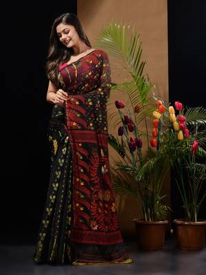 Black cotton Jamdani Saree With Multicolour Floral Designs Without Blouse 2