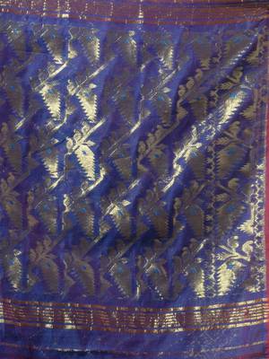 Sapphire Blue Silk Cotton Handwoven Jamdani Saree With Zari Woven Chevron Designs Without Blouse 2
