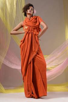 Orange Cotton Handspun Soft Saree With Pompom