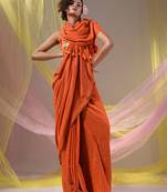 Orange Cotton Handspun Soft Saree With Pompom