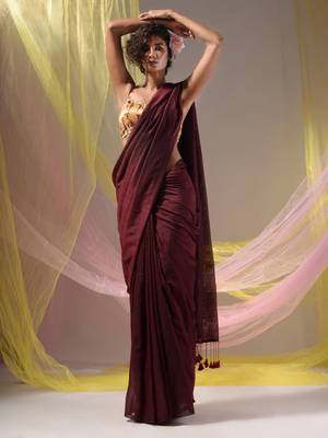 Maroon Cotton Handspun Soft Saree With Pompom 1