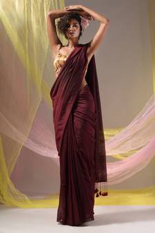 Maroon Cotton Handspun Soft Saree With Pompom
