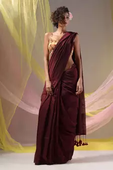 Maroon Cotton Handspun Soft Saree With Pompom