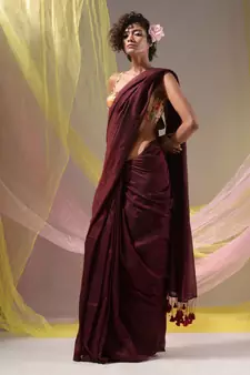 Maroon Cotton Handspun Soft Saree With Pompom