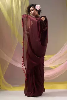 Maroon Cotton Handspun Soft Saree With Pompom