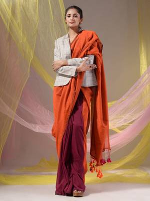 Orange And Magenta Half N Half Cotton Handspun Soft Saree With Pompom 1
