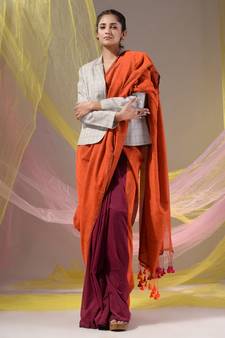 Orange And Magenta Half N Half Cotton Handspun Soft Saree With Pompom