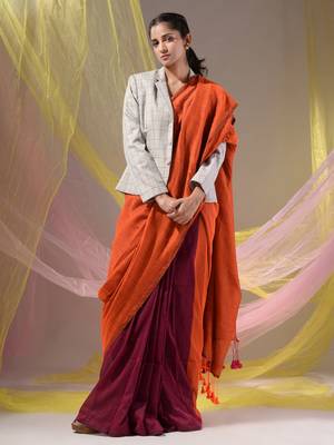 Orange And Magenta Half N Half Cotton Handspun Soft Saree With Pompom 2