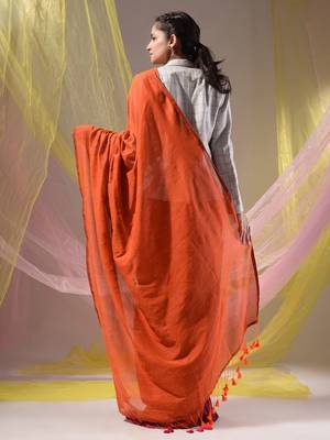 Orange And Magenta Half N Half Cotton Handspun Soft Saree With Pompom 4