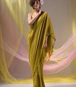 Lime Green Cotton Handspun Soft Saree With Pompom