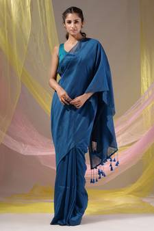 Yale Blue Cotton Handspun Soft Saree With Pompom