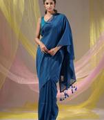 Yale Blue Cotton Handspun Soft Saree With Pompom