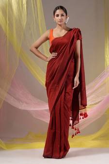 Red Cotton Handspun Soft Saree With Pompom