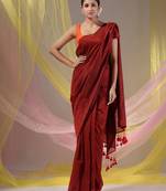 Red Cotton Handspun Soft Saree With Pompom