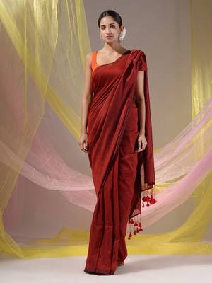 Red Cotton Handspun Soft Saree With Pompom 2