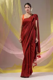 Red Cotton Handspun Soft Saree With Pompom