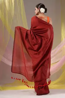 Red Cotton Handspun Soft Saree With Pompom