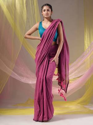 Lavender Cotton Handspun Soft Saree With Pompom 1
