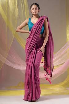 Lavender Cotton Handspun Soft Saree With Pompom
