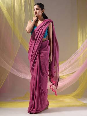 Lavender Cotton Handspun Soft Saree With Pompom 2