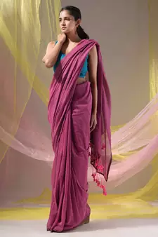 Lavender Cotton Handspun Soft Saree With Pompom