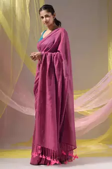 Lavender Cotton Handspun Soft Saree With Pompom
