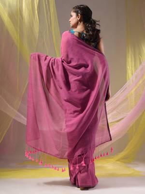 Lavender Cotton Handspun Soft Saree With Pompom 4