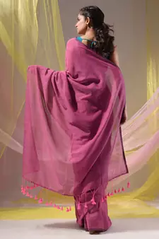 Lavender Cotton Handspun Soft Saree With Pompom