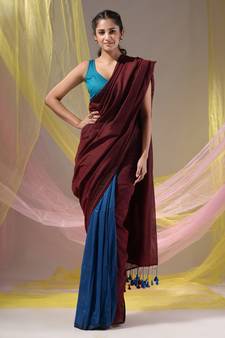 Maroon And Sapphire Blue Half N Half Cotton Handspun Soft Saree With Pompom