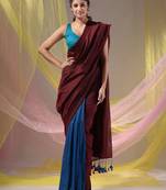 Maroon And Sapphire Blue Half N Half Cotton Handspun Soft Saree With Pompom