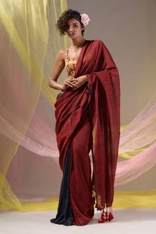 Red And Grey Half N Half Cotton Handspun Soft Saree With Pompom