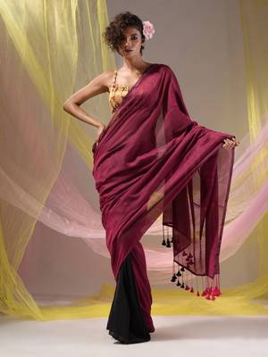 Magenta Black Half N Half Cotton Handspun Soft Saree With Pompom 1
