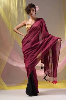 Magenta Black Half N Half Cotton Handspun Soft Saree With Pompom